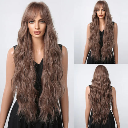 sengpan  Brown Highlight Long Wave Wigs for Women Synthetic Wig with Bangs Ombre Mixed Color Natural Looking Hair for Daily