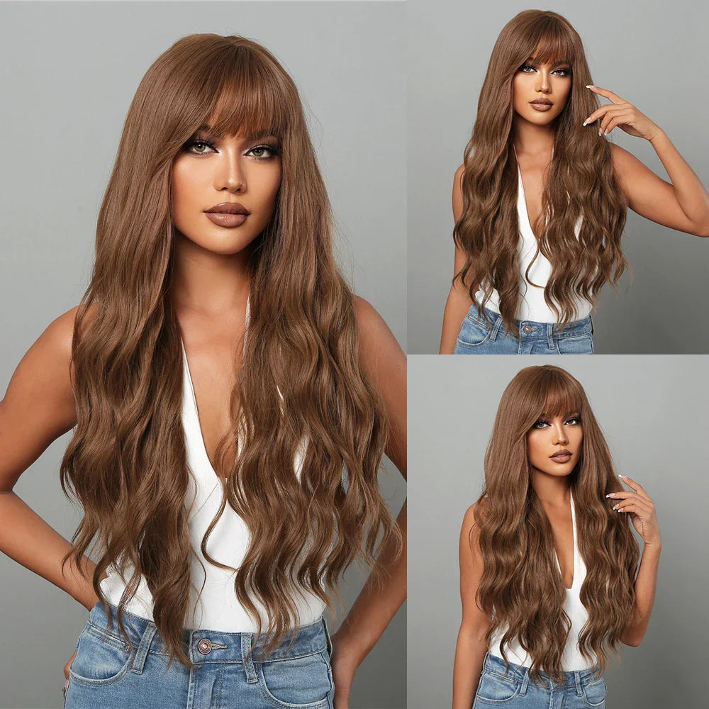 sengpan  Brown Highlight Long Wave Wigs for Women Synthetic Wig with Bangs Ombre Mixed Color Natural Looking Hair for Daily