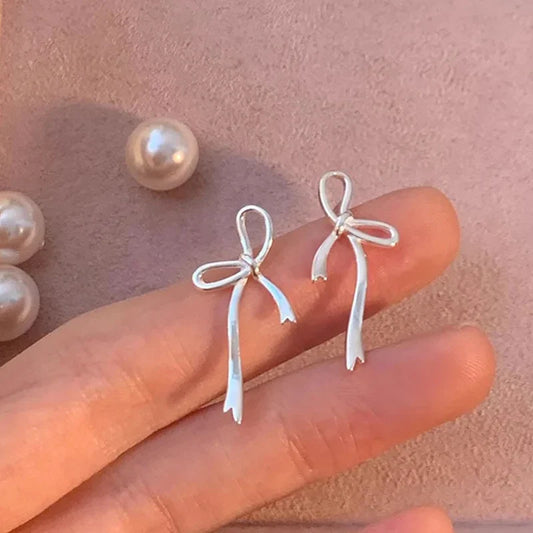 sengpan New Y2K Vintage Cute Silver Color Bowknot Stud Earrings For Women Korean Fashion Gothic 2024 Aesthetic 2000s EMO Gift Jewelry