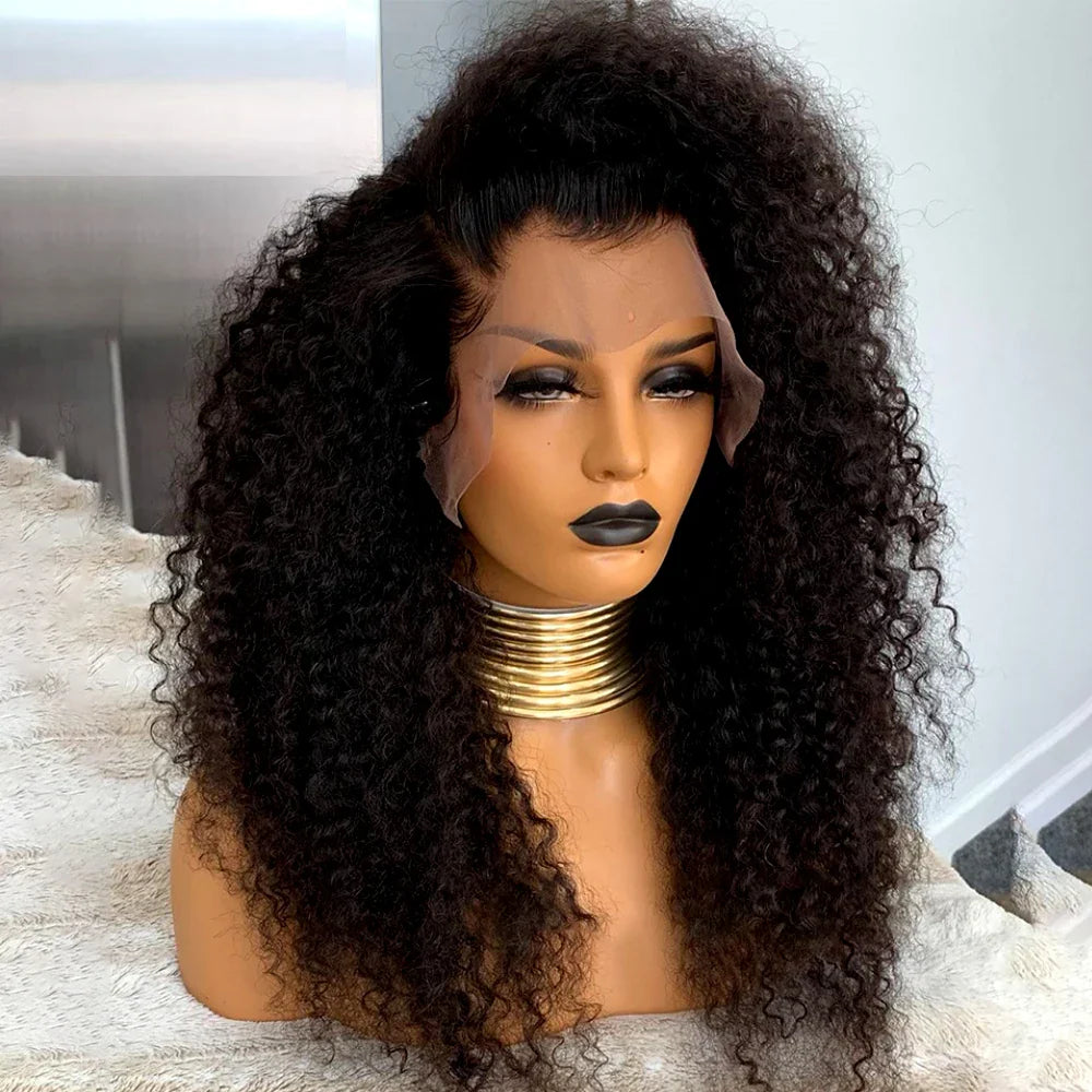 sengpan Black 26 Inches Long 180%Density Glueless Kinky Curly Preplucked Lace Front Wig With BabyHair Heat Temperature Daily Cosplay Wig