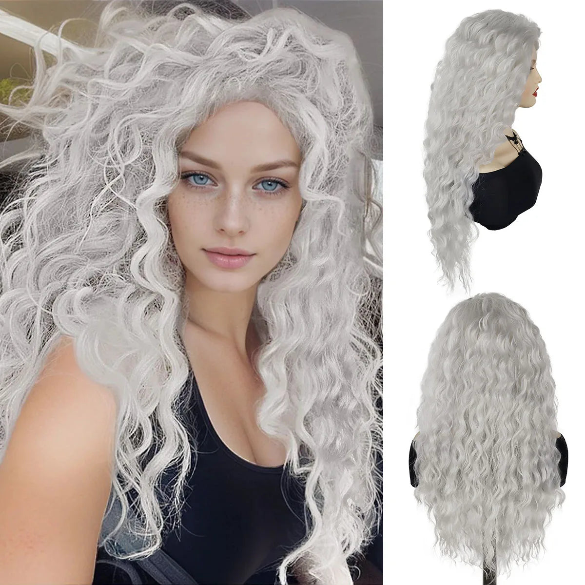 sengpan Green Wigs Costume for Women Synthetic Hair Long Curly Wig Natural Water Wave Hairstyles Thick Fluffy Hair Cosplay Wigs 28 Inch