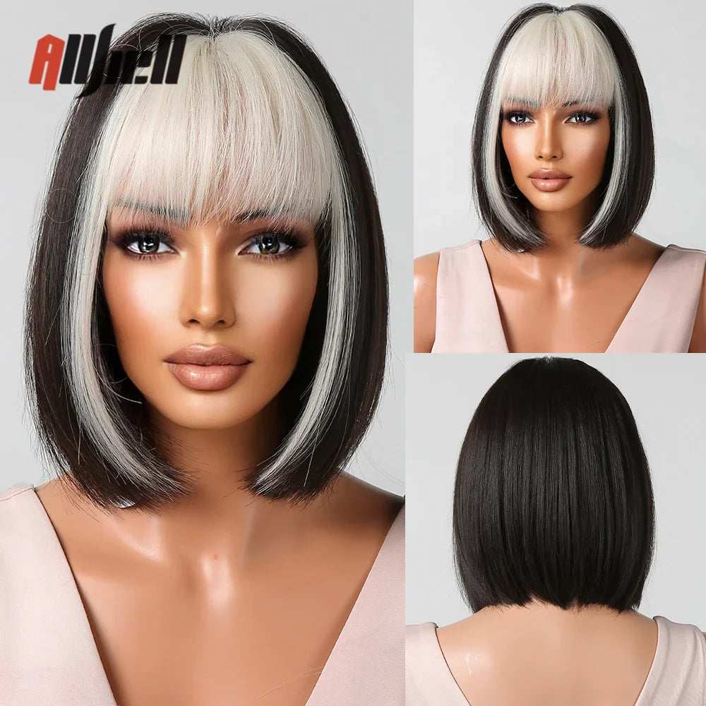 sengpan Short Brown Ombre Blonde Cosplay Wig Synthetic Straight Wigs for Black Women Heat Resistant Halloween Party Daily Natural Hair