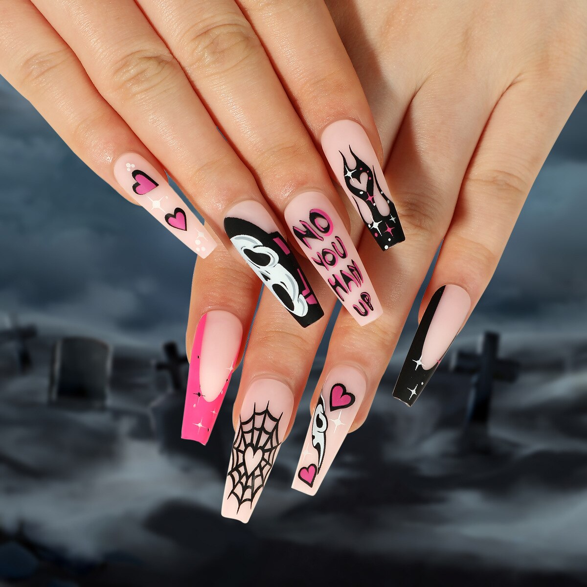 sengpan 24Pcs Halloween False Nails Long Ballet Fake Nails with Ghost Cobweb Design Pink French Coffin Full Cover Press on Nail Tips