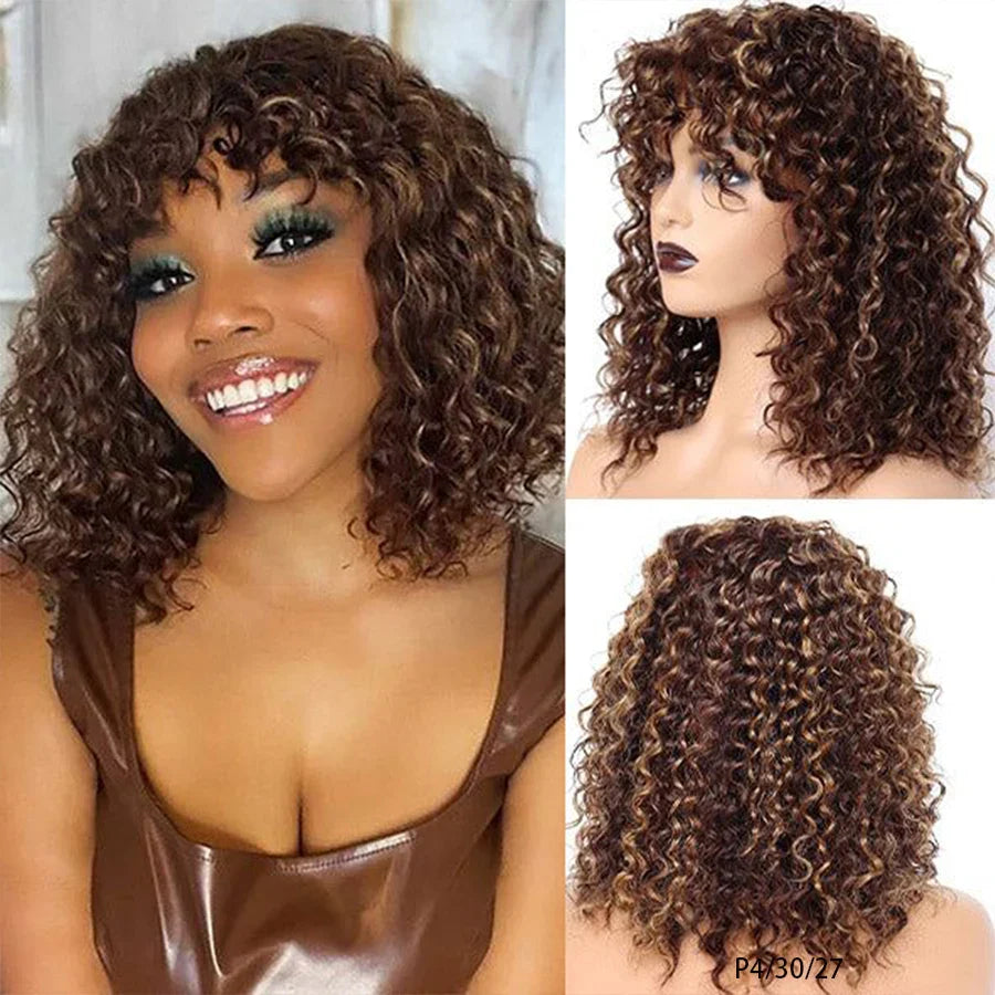 sengpan Short Pixie Bob Cut Human Hair Wigs With Bangs Jerry Curly Non Lace Front Wig Highlight Honey Blonde Colored Wigs For Women