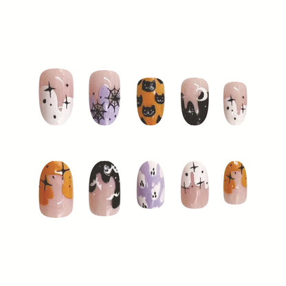 sengpan 24pcs Cartoon Spider Bat Fake Nails Short Rounds False Nails for Women Girl Wearable Halloween DIY Manicure Press on Nail Tips