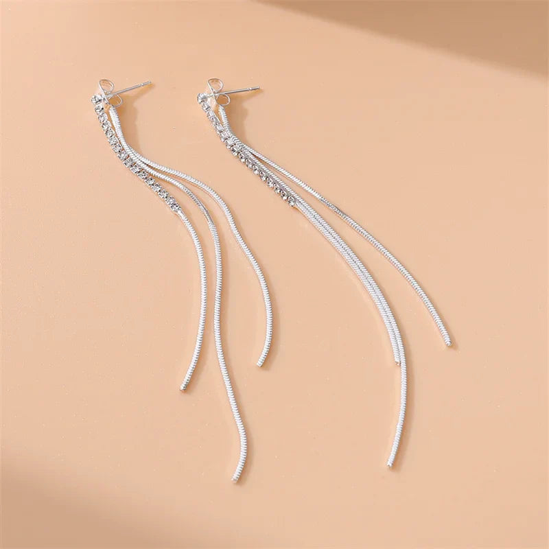 Lianfudai New Luxury Gold Color Long Tassel Earrings Trendy Korean Fashion White Zircon Ear Wire Women Accessories Earring Jewelry Gifts