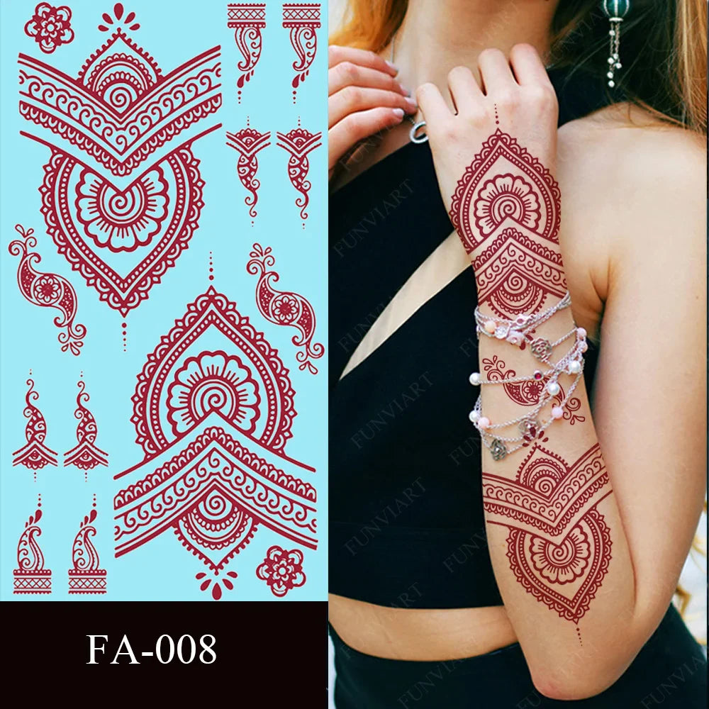 sengpan Maroon Henna Stickers for Hands Waterproof Temporary Henna Tattoos for Women Fake Tattoo Brown Henna Decorations Wedding