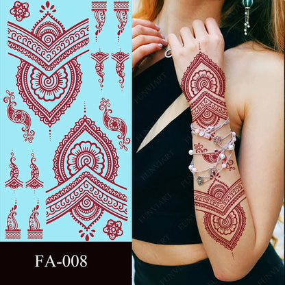 sengpan Maroon Henna Tattoo Sticker Waterproof Temporary Tattoos for Hand Arm Fake Tattoo for Women Wedding Festival Mehndi Stickers