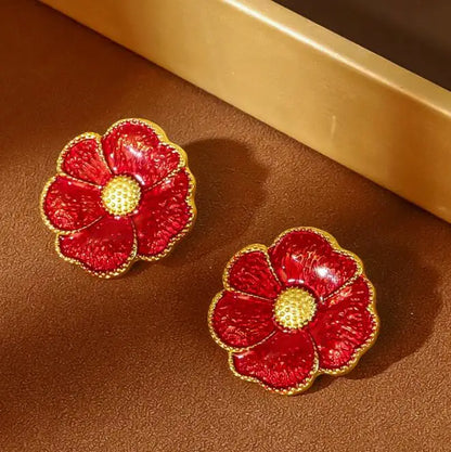 Lianfudai New Retro Flower Red and White Earrings Necklace Set