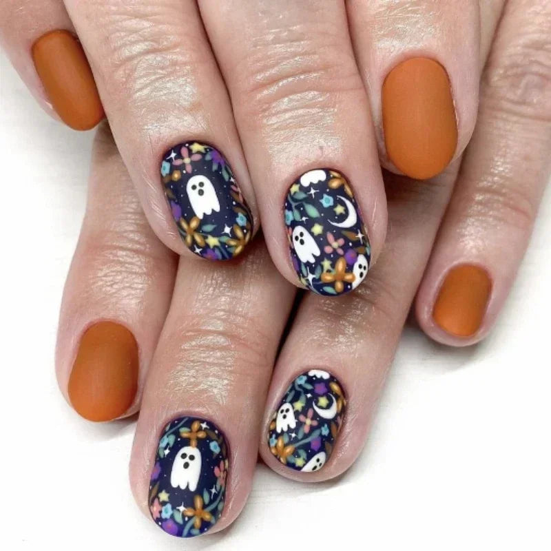 sengpan 24pcs/set Halloween Press-On Nails Set - Short Square, Glossy Finish with Cute Ghost & Pumpkin Designs in Orange/Black for Women