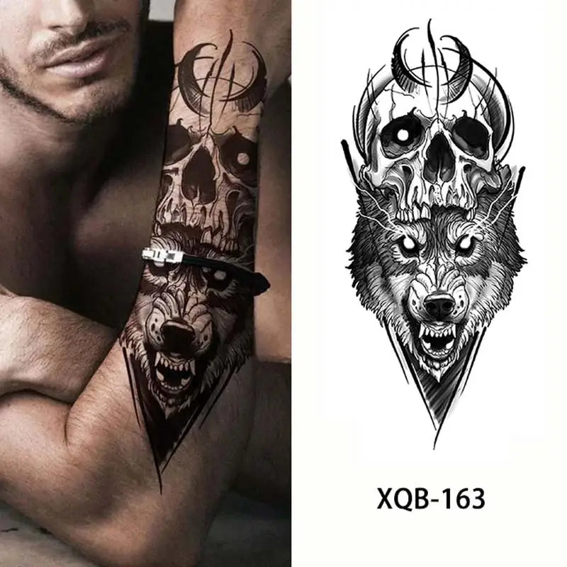 sengpan Black Forest Tattoo Sticker for Men Women Tiger Wolf Death Skull Temporary Tattoo Fake Henna Skeleton King Animal Tatoo Pattern