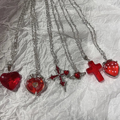 sengpan Simple Red Glass Cross Cherry Strawberry Heart Pendant Necklace for Women Stainless Steel Jewelry Accessories