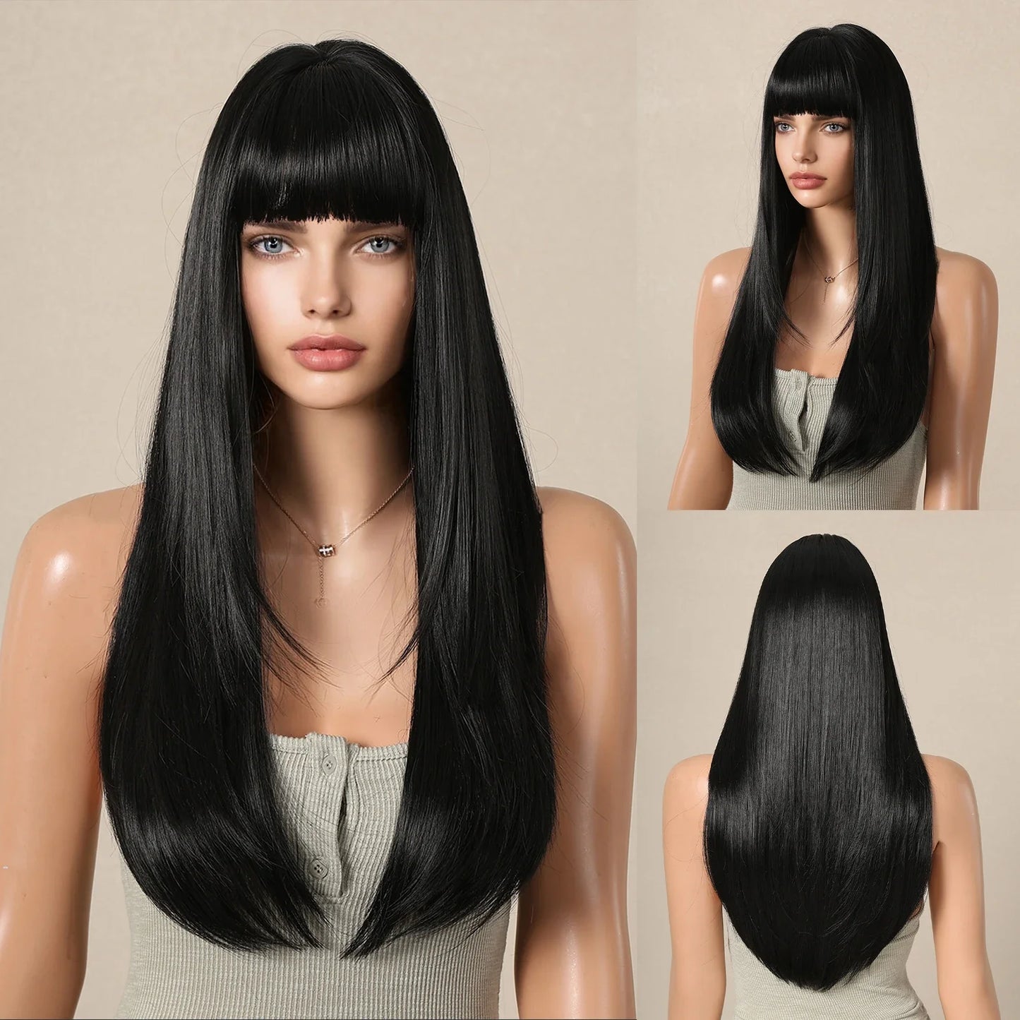 sengpan Ombre Synthetic Straight Cosplay Women Hair Platinum Blonde to Black Hair Long Layered Natural Wigs with Bangs for White Women