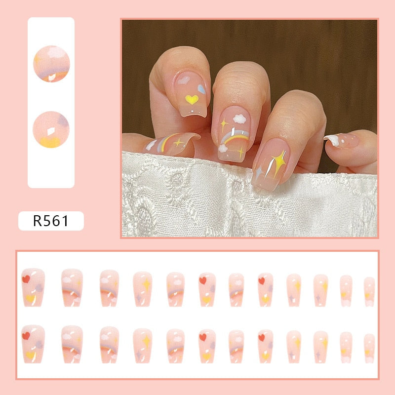 sengpan 24P Cute Childlike Rainbow Nail Art Full Cover Artificial Fake Nails Wearing Reusable False Nails Ballerina Press on Nail Art