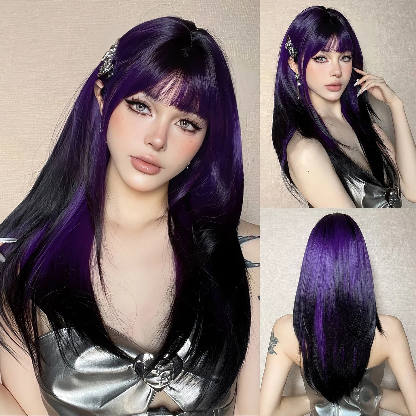 sengpan Ombre Synthetic Straight Cosplay Women Hair Platinum Blonde to Black Hair Long Layered Natural Wigs with Bangs for White Women