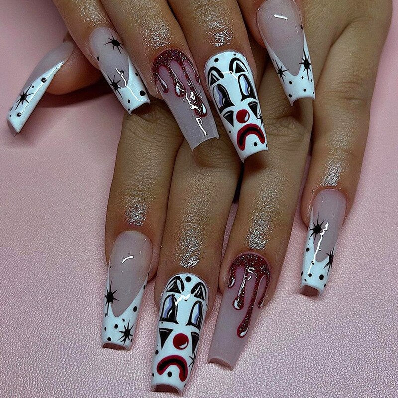 sengpan current nail trends 2023  24Pcs Almond False Nails Halloween Press on Fake Nails with Skull Head Spider Web Ghost Design Ballet Full Cover Nail Tips