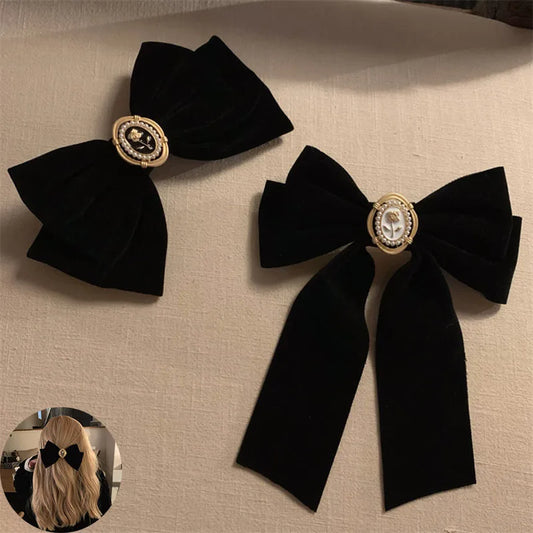 Lianfudai New Black Velvet Bow Hair Pins Elegant Fabric Alloy Roses Hair Clips for Women Fashion ponytail Barrette Heawear Accessories