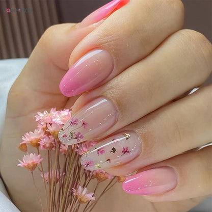 sengpan 24Pcs Almond Fake Nails Gradient Pink Flower Designs Full Cover False Nails for Women Spring Summer Press on Nails Tips 2024