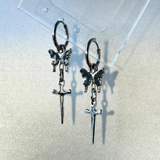 sengpan Punk Charms Butterfly Dagger Earrings Goth Accessories Cross Drop Earrings for Women Grunge Jewelry Korean Fashion Earing