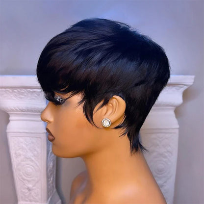 sengpan Short Straight Bob Wig Pixie Cut Wig Human Hair For Black Women With Bangs Brazilian Virgin Hair Non Lace front Cheap Wig Black