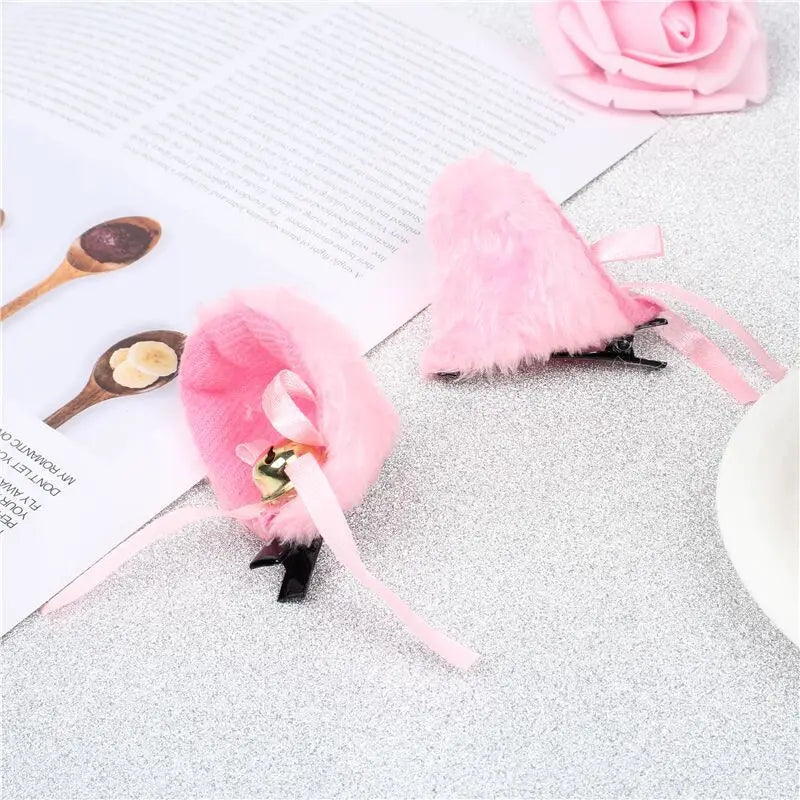 sengpan 2pcs Cat Ears With Bell Hair Clip Fox Long Fur Hairpins Headwear Cosplay Anime Costume Halloween Party Gifts Hair Accessories