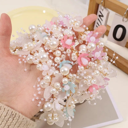 sengpan Pearl Butterfly Floral Headband Hair Hoop Sweet Cute Girl Headwear Accessories Simulated Flowers Wedding Bride Hairside Katyusha