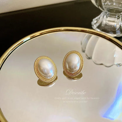 sengpan Temperament Pearls Earrings Lady Retro Oval Pearl Earrings Hoop Elegant Design Ear Rings Luxury Jewelry