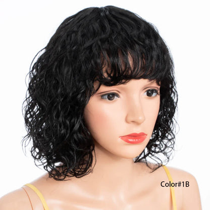 sengpan Brown Short Wavy Bob Wigs With Bangs Human Hair Glueless Natural Loose Curly Wig Brazilian Hair For Black Women