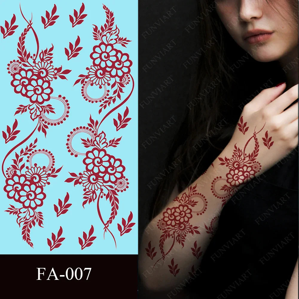 sengpan Maroon Henna Tattoo Sticker Waterproof Temporary Tattoos for Hand Arm Fake Tattoo for Women Wedding Festival Mehndi Stickers