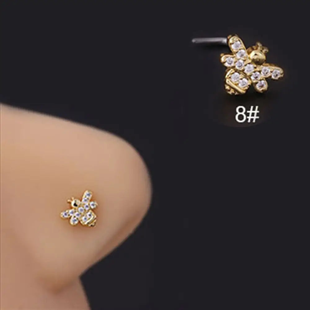 Lianfudai New Fashion Unisex Zircon Punk Style Nose Nail Titanium Steel L Shaped Nose Studs Piercing Jewelry