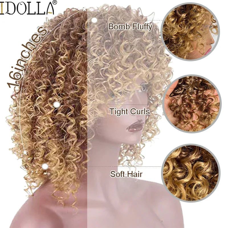 sengpan Short Curly Blonde Wig Synthetic Afro Kinky Curly Wig With Bangs For Black Women Natural Ombre Blonde Cosplay Wig