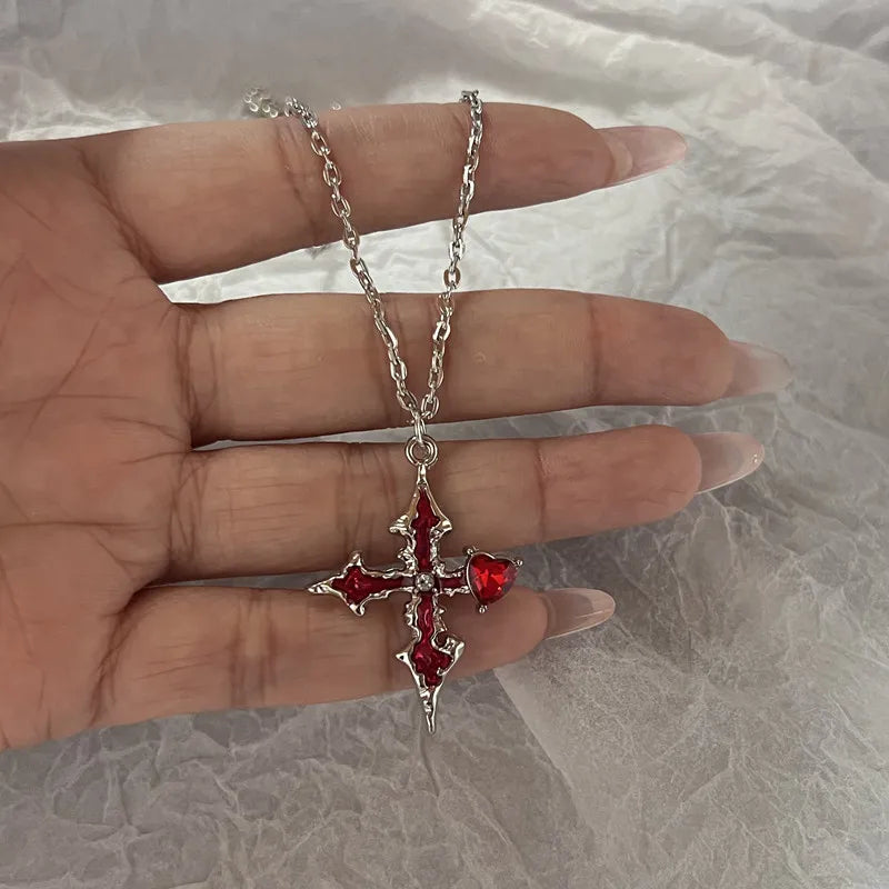 sengpan Simple Red Glass Cross Cherry Strawberry Heart Pendant Necklace for Women Stainless Steel Jewelry Accessories