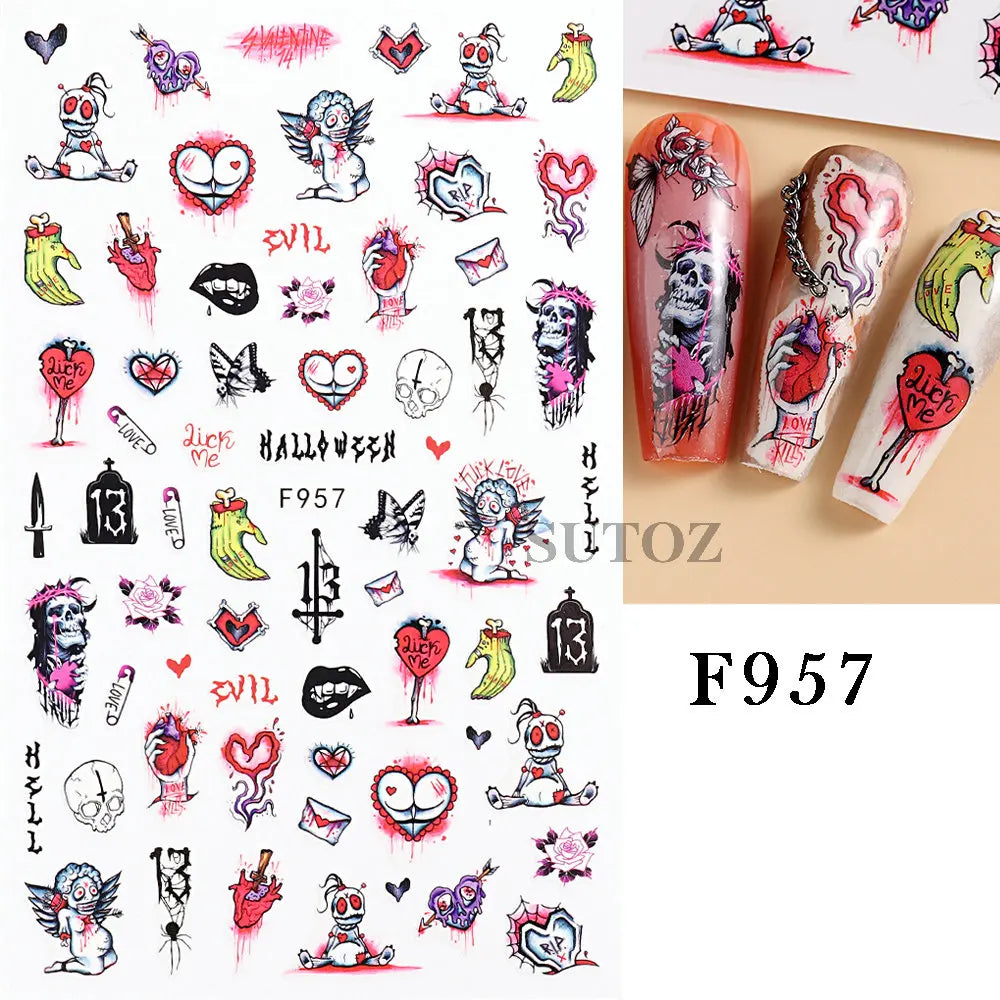 sengpan 3D Halloween Nail Art Stickers Horror Ghost Skull Evil Eye Anime Decals Bloody Rose Sticker for Nail Manicure Decoration LEBF956