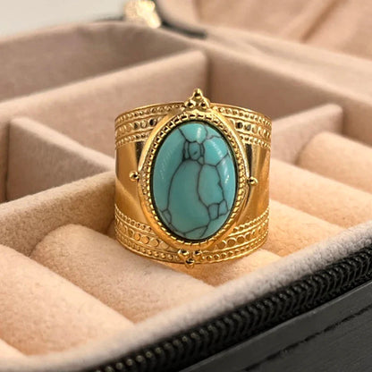 Bohemia Turquoise Natural Stone Wide Open Rings for Women 14K Gold Plated Stainless Steel Ring Finger Rings Women Jewelry Gifts