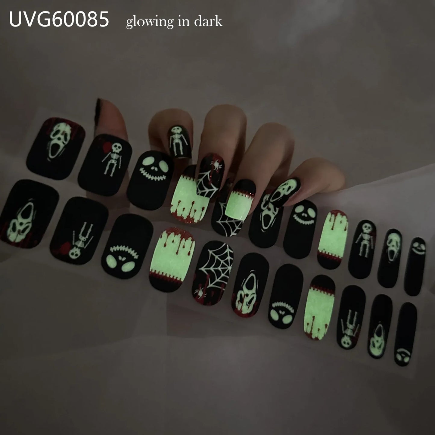 Lianfudai 2024 Halloween Semi-cured UV Gel Nail Stickers Pumpkin Skull Full Cover Gel For UV Lamp Gel Nail Strips Press On Nail Decal