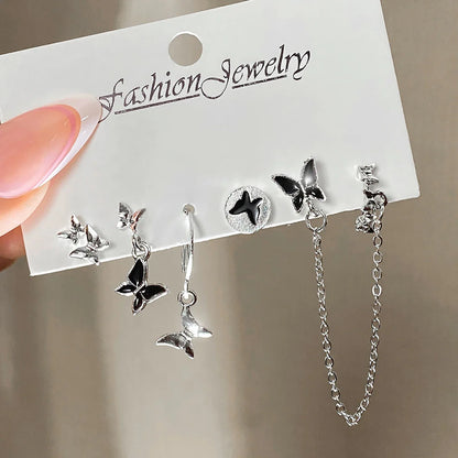 Lianfudai Fashion Silver Color Butterfly Stud Earring Set For Women Heart Rromantic Eardrop Trendy 2024 New Trend Jewelry Gifts INS