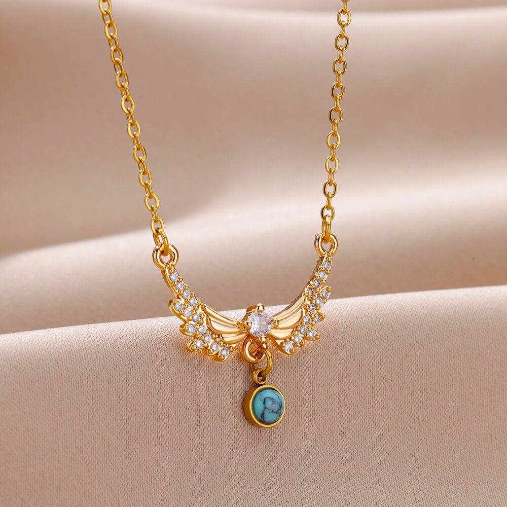 sengpan Shiny Zircon Angel Wing Necklace for Women Stainless Steel Opal Pendant Necklaces New Trend Romantic Wedding Jewelry collar