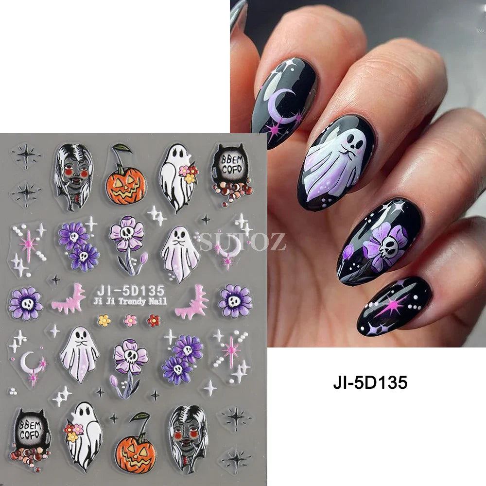 sengpan 5D Ghost Halloween Nail Art Stickers Cartoon Pumpkins Skulls Flowers Nail Decals Y2K Halloween Self-Adhesive Manicure Deco JI-5D