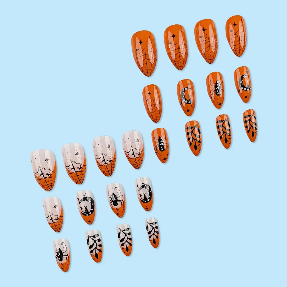 sengpan 24pcs Halloween Funny Spider Fake Nails Press On Nails Full Cover Orange Edge French False Nails Short Almond Shaped Nail Tips