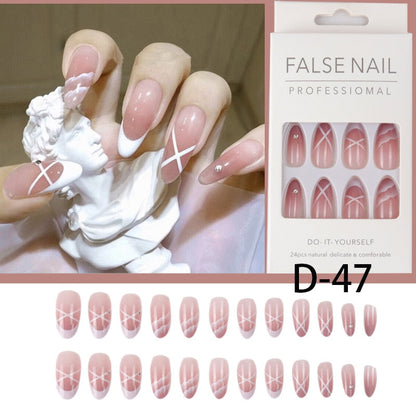 sengpan 24pcs French Point Diamond Fake Nails Wearing Artificial Square Head Press On Acrylic Nail Art Pearl Patch Almond False Nails