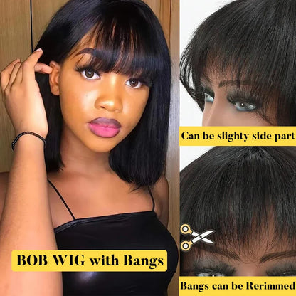 sengpan 180% Density Straight Bob Wig With Bangs Short Full Machine Made Human Hair Wig Natural Bob Human Hair Wig With Bangs For Women