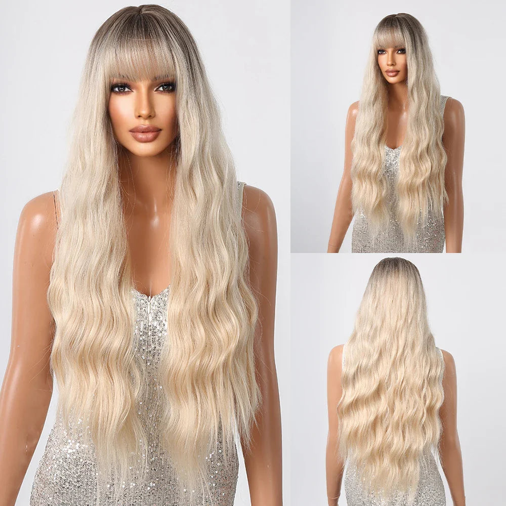 sengpan  Brown Highlight Long Wave Wigs for Women Synthetic Wig with Bangs Ombre Mixed Color Natural Looking Hair for Daily