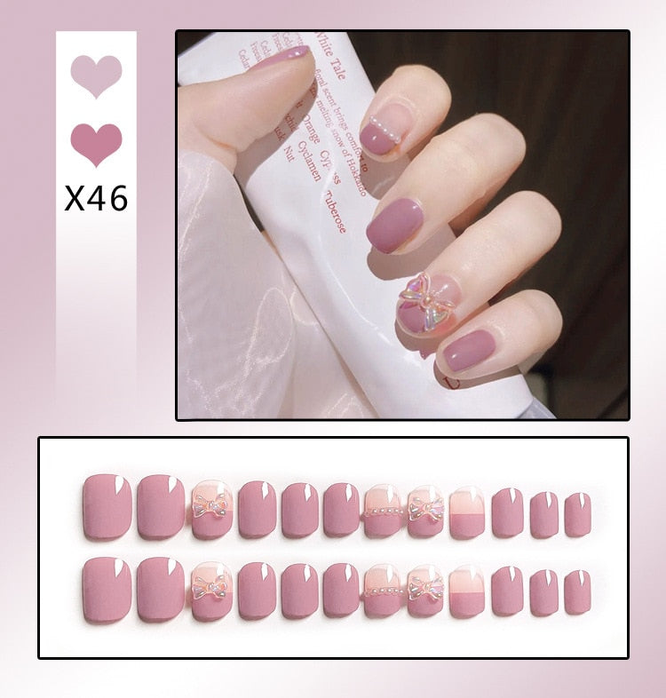 sengpan 24PCS/Box Bowknot Rabbit Pattern Pearl Short Square Designer Fashion Design French Style Full Covering Pressed Fake Nails