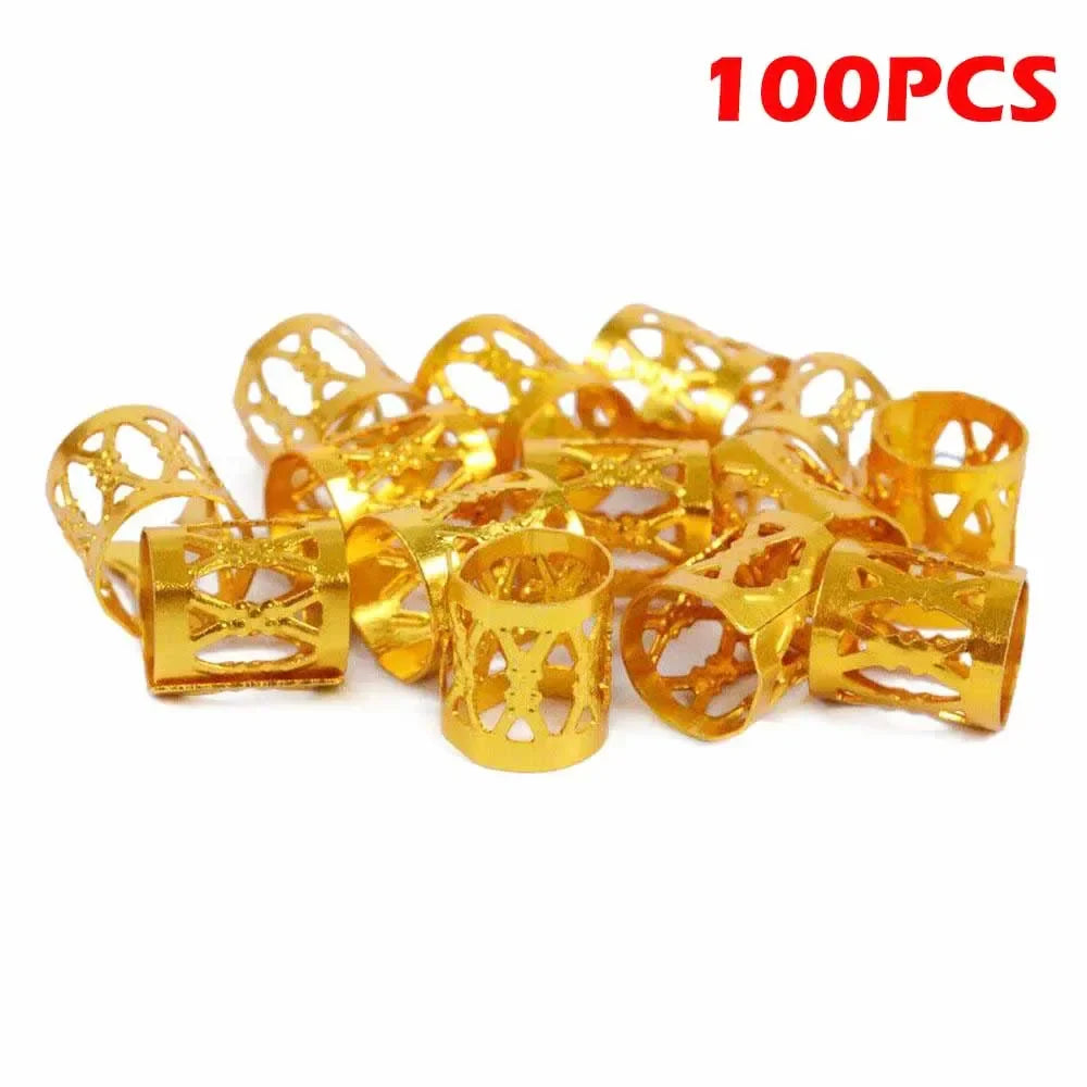 sengpan 100/200pcs Gold Silver Dreadlock Hair Rings Adjustable Cuff Clip Hair Braids Dirty Braids Beads Hairpin Jewelry Hair Accessories