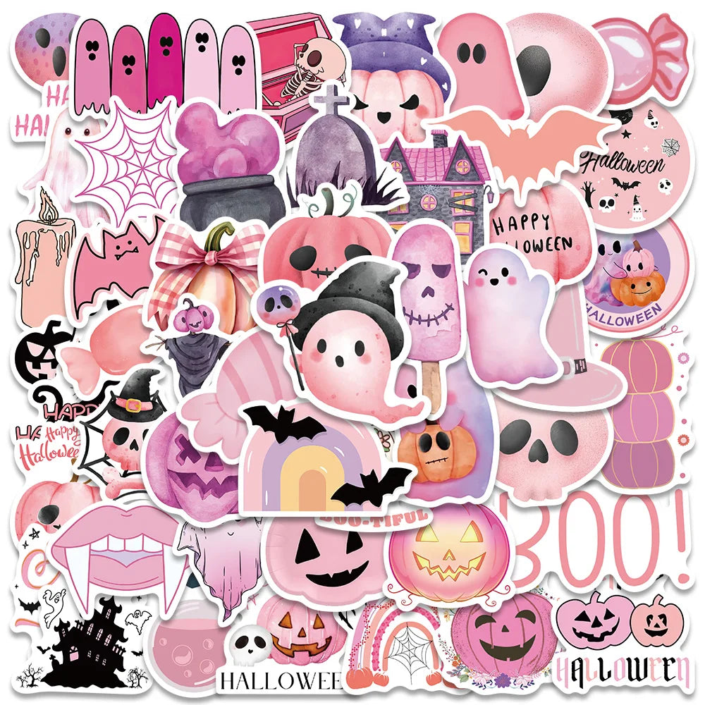 sengpan 50pcs Pink Kawaii Halloween Stickers Cartoon Cute Horrible Decals For Kids Water Bottle Laptop Luggage Skateboard Wall Stickers