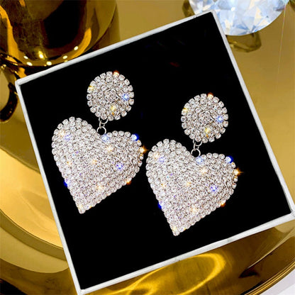 sengpan New Heart Earrings Women's Luxurious Geometric Full Rhinestone Earrings Korean Gold/Silver Color Love Fashion Jewelry