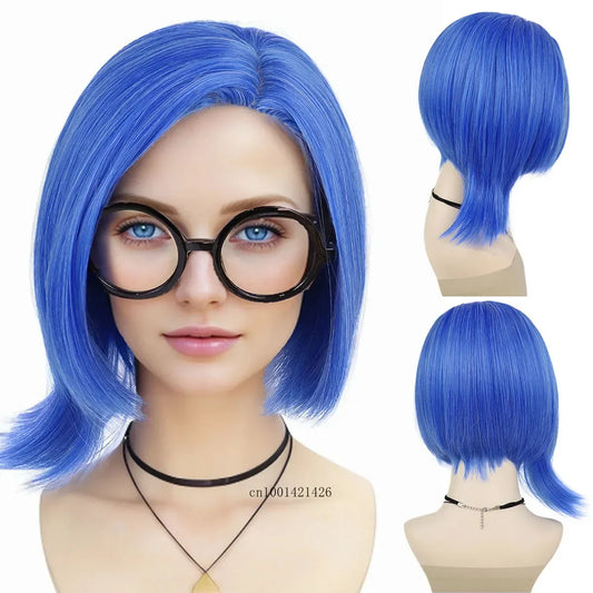 sengpan Synthetic Hair Short Sadness Wig Cosplay Straight Blue Wig for Kid with Glasses Inside Out Costume Halloween Fake Wigs for Women