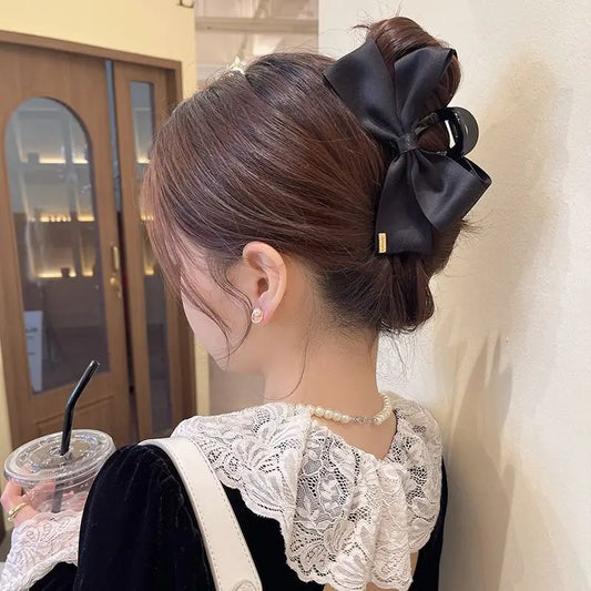 Lianfudai Large Black Fabric Bow Grab Hair Clips Women's New Korean Style Hairpin Fashion Shark Cawl Clips Girls Hair Accessories