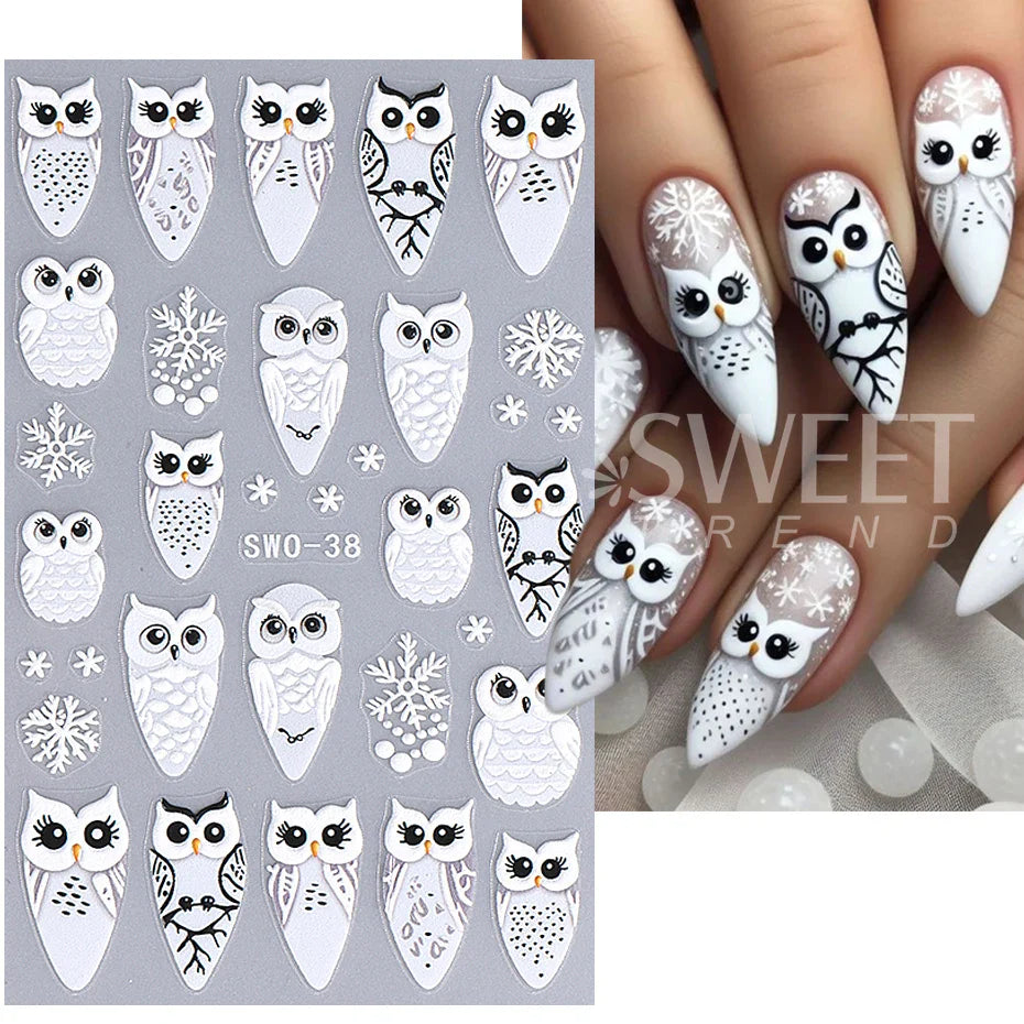 sengpan Cartoon Skull Halloween Nail Art Stickers Pink Bones Ghost Cat Moon Tree Owl Stripes Lines Winter Christmas Manicure Decoration