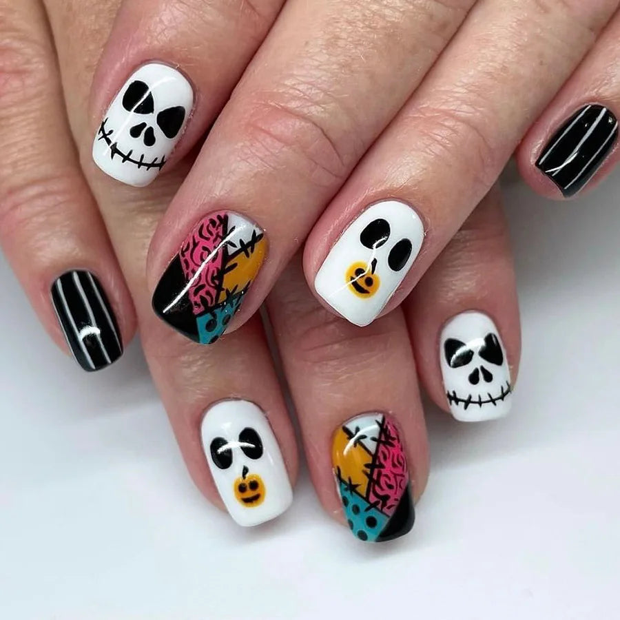 sengpan 24pcs Cute Ghost&Pumpkin Halloween Press-On Nails-Glossy Short Square Fake Nails with Festive Designs False Nail for Women/Girls